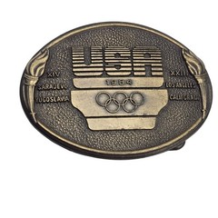 USA 1984 Olympic Belt Buckle Los Angeles Sarajevo LA Torch Rings Sports Athletes