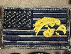 Iowa Hawkeyes American Flag patch and backing, Camo pattern varies