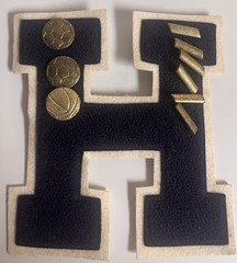 Varsity Letter H Patch With Soccer and Basketball Award Pins Blue with White