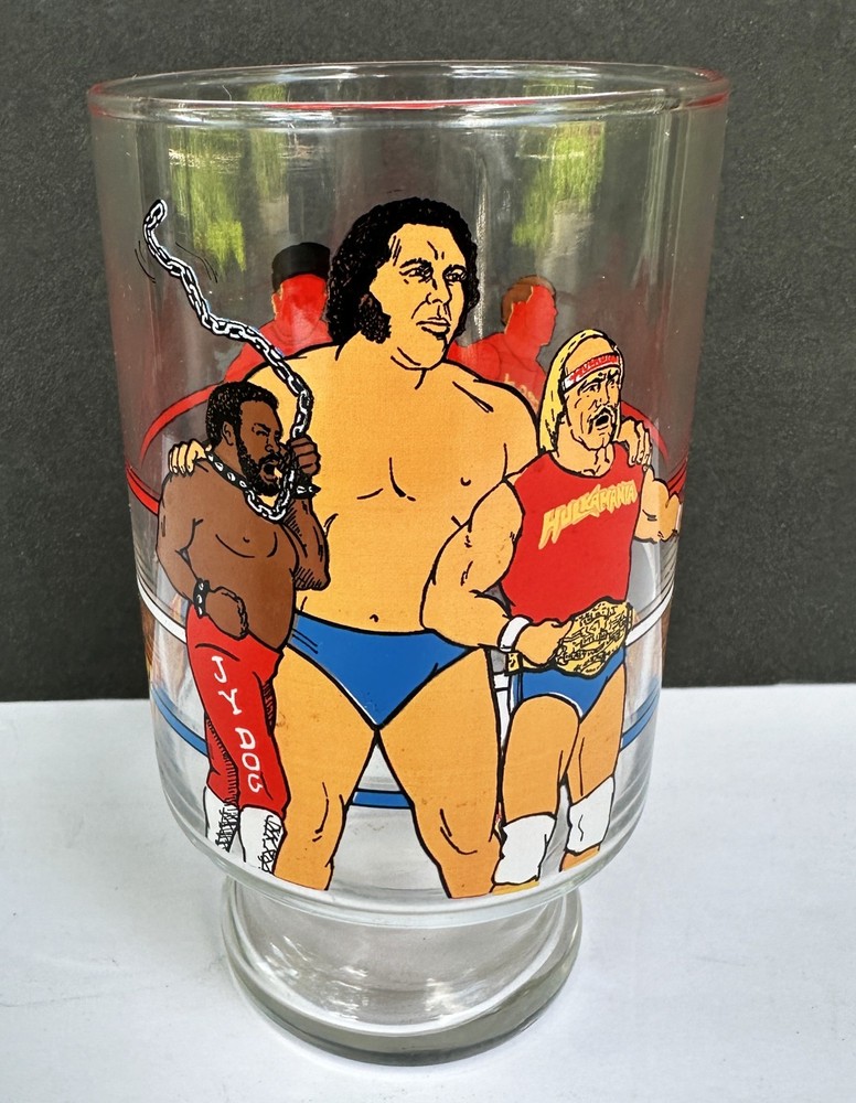 1985 Titan Sports WWF 32 Oz Tumbler Glass Andre Hulk Hogan Piper Sheik JYD Cup