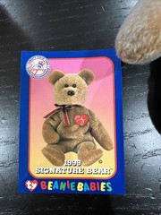 1999 Yankees Ty Signature Bear With Yankees Ticket And Card In Case Excellent