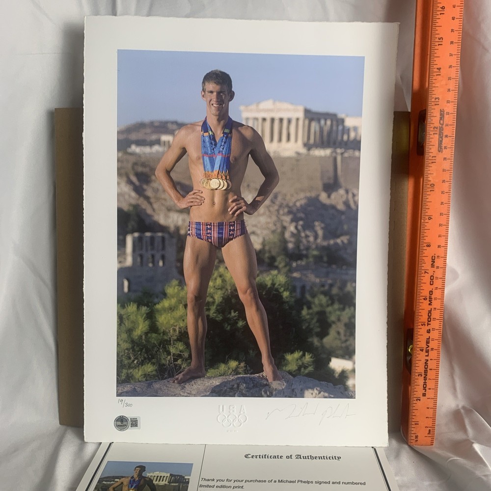 BAS “Athens Haul” Michael Phelps Signed LE 19/300 Gold Medals Acropolis 12×16.5