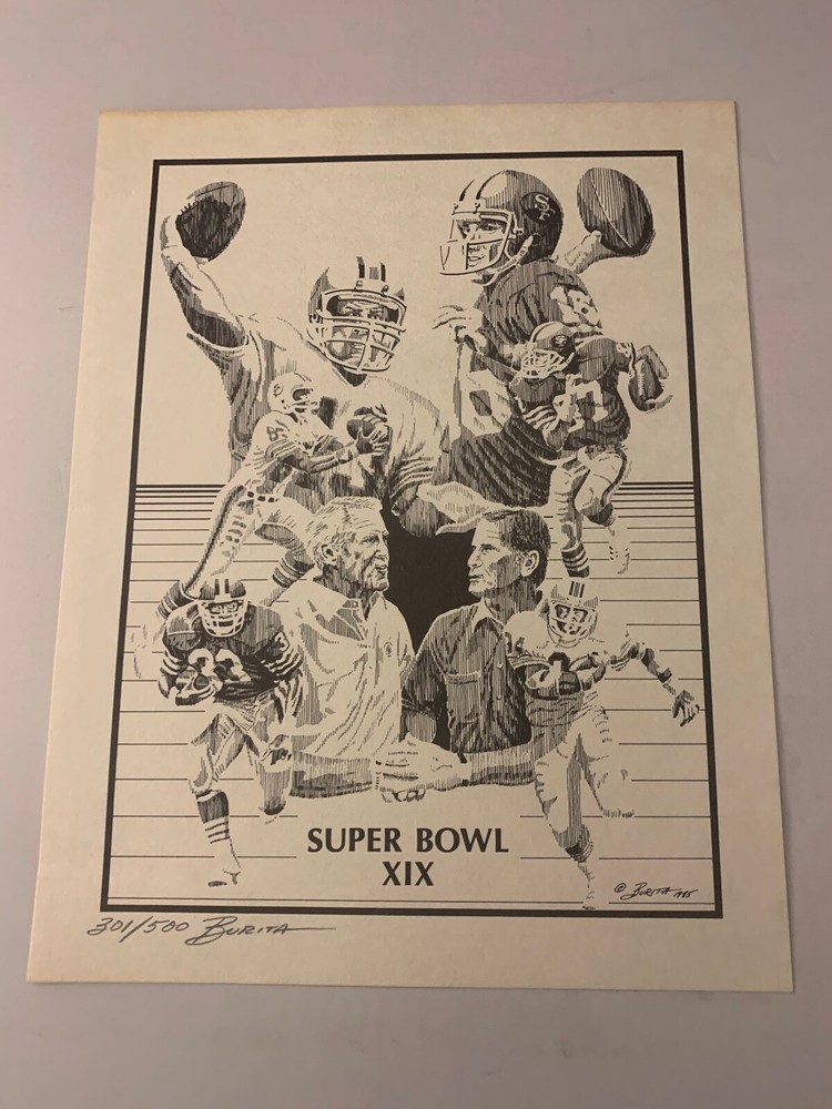 301 OF 500 BURITA 8 X 10 1985 SUPER BOWL XIX ARTWORK PRINT SIGNED BURITA
