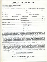 Indy 500 1967 OFFICIAL ENTRY BLANK RULES AND REGULATIONS