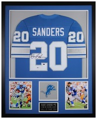 Barry Sanders Autographed and Framed Blue Lions Jersey Auto Beckett COA