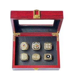 6PCS Pittsburgh Steelers Super Bowl Championship Ring Set W/ Wooden Display Box