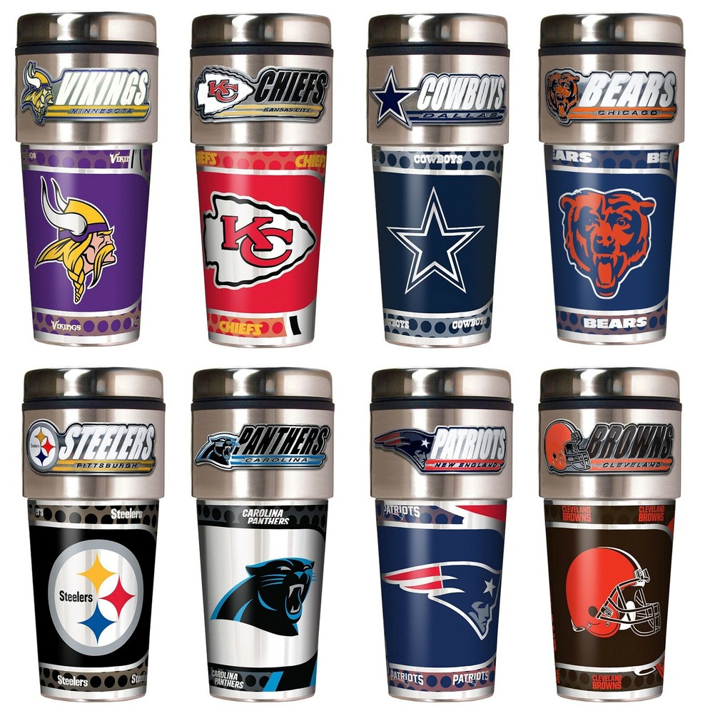 NFL Metallic Travel Tumbler – Stainless Steel and Black Vinyl – 16-Ounce
