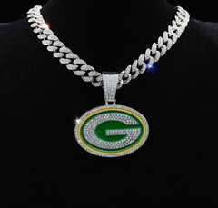 Green Bay Packers Gem Chain Necklace – Silver or Gold Cuban Link – 24” Chain