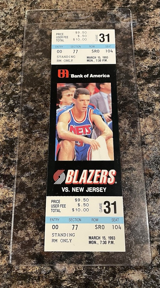 Drazen Petrovic 1st appearance on Ticket 1993 Nets V Portland Trail Blazers 3/15