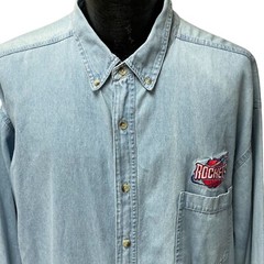 Vtg 80’s True Fan Sportswear Blue DENIM Houston ROCKETS Basketball NBA Shirt XL