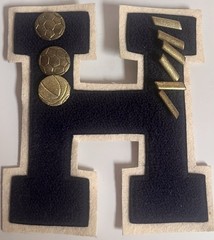 Varsity Letter H Patch With Soccer and Basketball Award Pins Blue with White