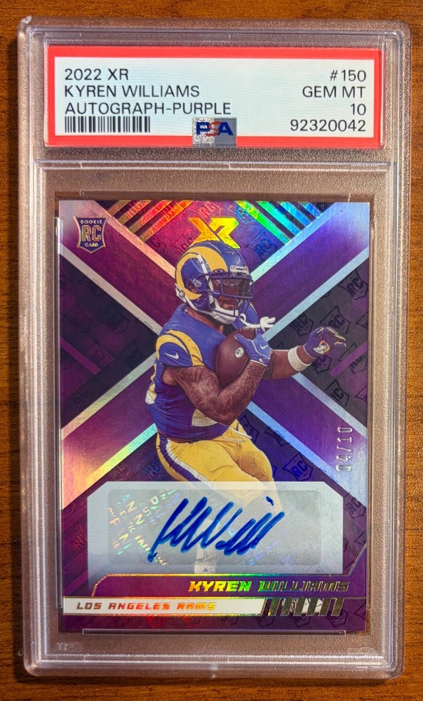 2022 PANINI XR KYREN WILLIAMS RAMS RC #150 AUTOGRAPH PURPLE 4/10 PSA 10 POP 1