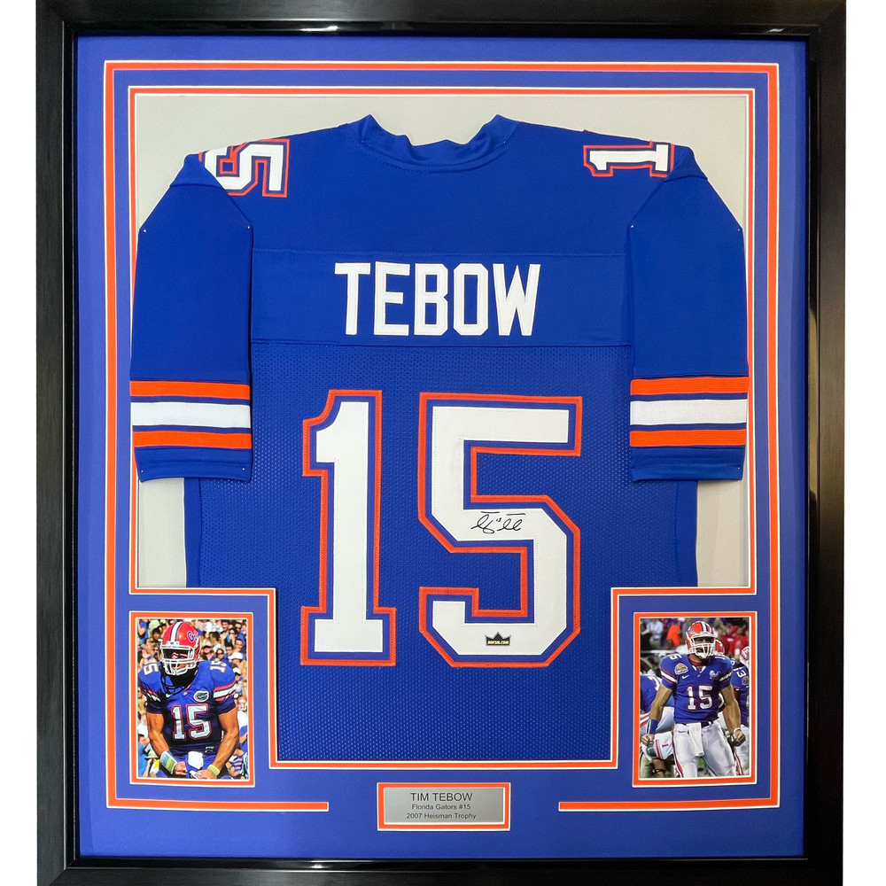 Framed Facsimile Autographed Tim Tebow 33×42 Blue Reprint Laser Auto Jersey