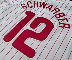 Kyle Schwarber #12 Phillies White Stripe Cool Base Sewn Stitched Jersey.