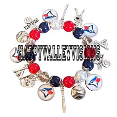 Women’s TORONTO BLUE JAYS Baseball Charm Bracelet Metal Glass Charms Stretchy