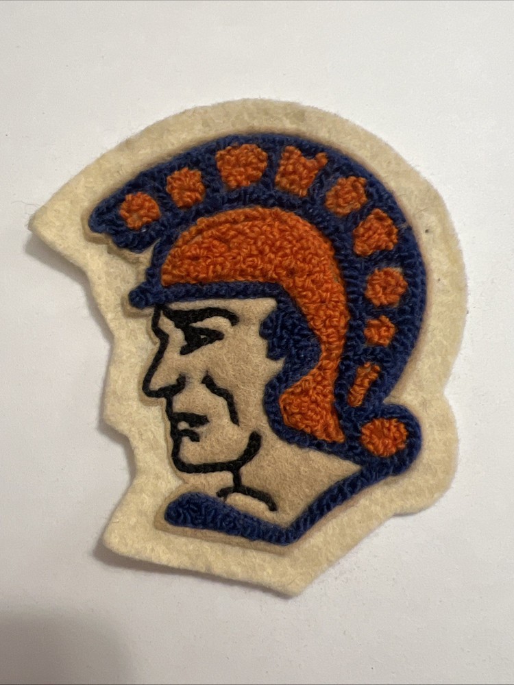 Vintage Chenille Trojan Spartan Warrior Head Patch 4″ Deadstock Blue Orange