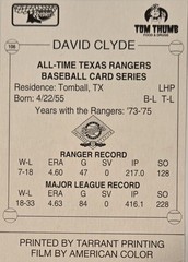 1993 Keebler David Clyde Auto Card #106 Texas Rangers All-Time Baseball Signed
