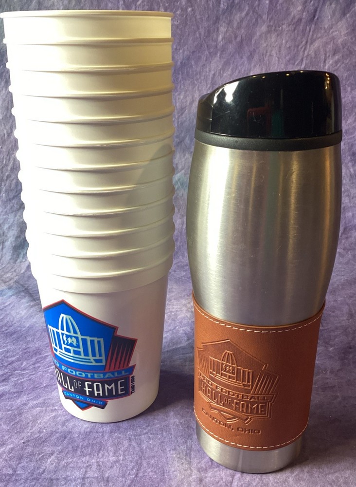 Pro Football Hall Of Fame Aluminum/Leather Travel Cup Mug W Lid + Plastic Cups