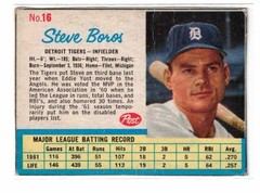 1962 Post Cereal #16, Steve Boros, Tigers, White Back, PT-12S, Creased
