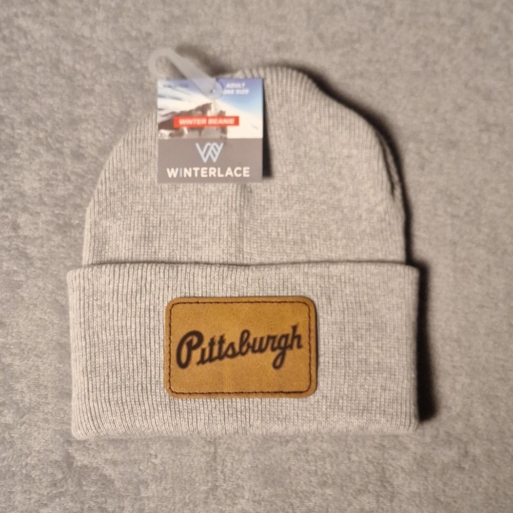 Pittsburgh Pirates Leather Rectangle Patch Gray Beanie Cap MLB