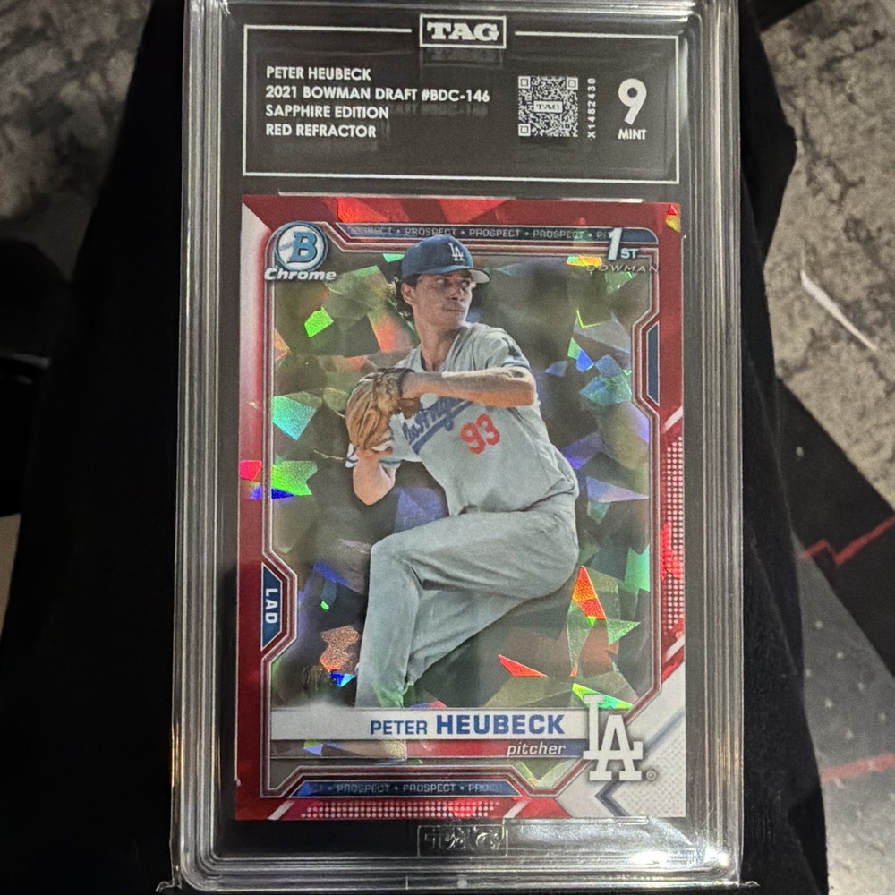 Topps 2021 Bowman Draft Sapphire Peter Heubeck Chrome Red Refractor /5 TAG 9
