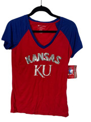 Colosseum Women’s Kansas Jayhawks Raglan Short Sleeve T-Shirt | Red/Blue | L