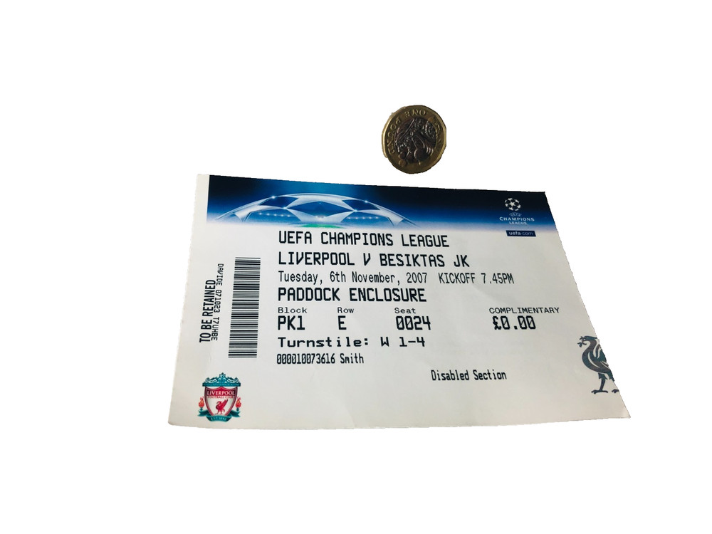 Football Ticket Liverpool Vs Besiktas JK 2007 Original Vintage ra