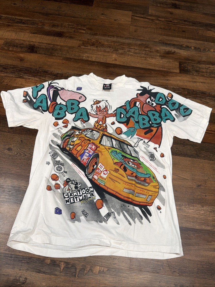 Flintstones Nascar Cartoon Network AOP Modern Boot Single Stitch Sz XL WHITE