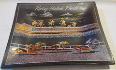 RACING,HIALEAH,FLORIDA Tray Trinket Dish Smoky Glass Gold Horse Racing CLOSED