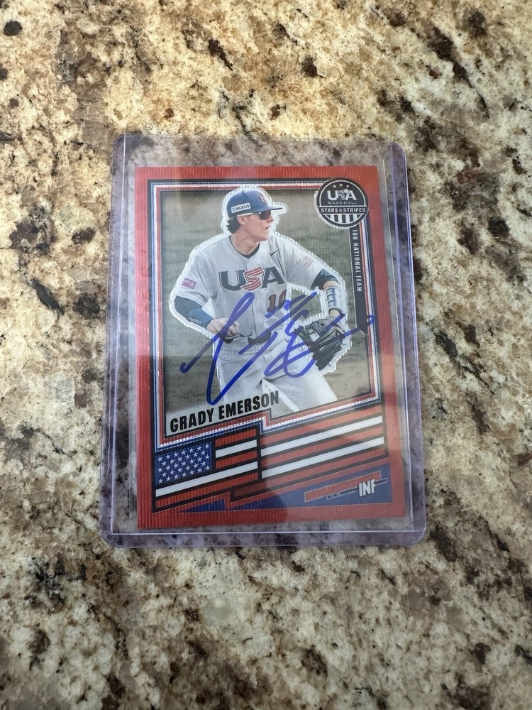 Grady Emerson signed autograph red shimmer stars and stripes USA card