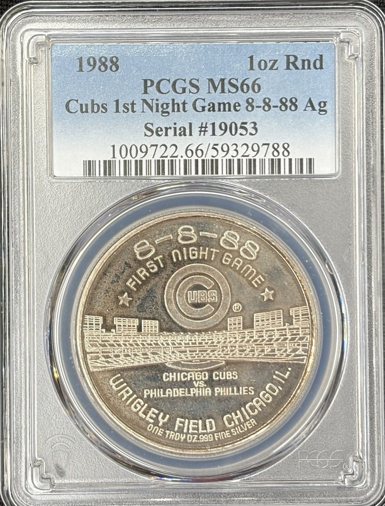 1 OF A KIND!! PCGS MS66 “8-8-88”Cubs First Night Game .999 Silver Round.