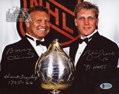 Brett Hull and Bobby Hull Autographed Hart Trophy 1965-66 91 Hart 8×10 Photo BAS