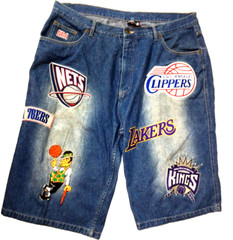 UNK NBA JEAN SHORTS ALL THE TEAM LARGE LOGOS MENS SIZE 40 INSEAM IS 14″ MINT!!!