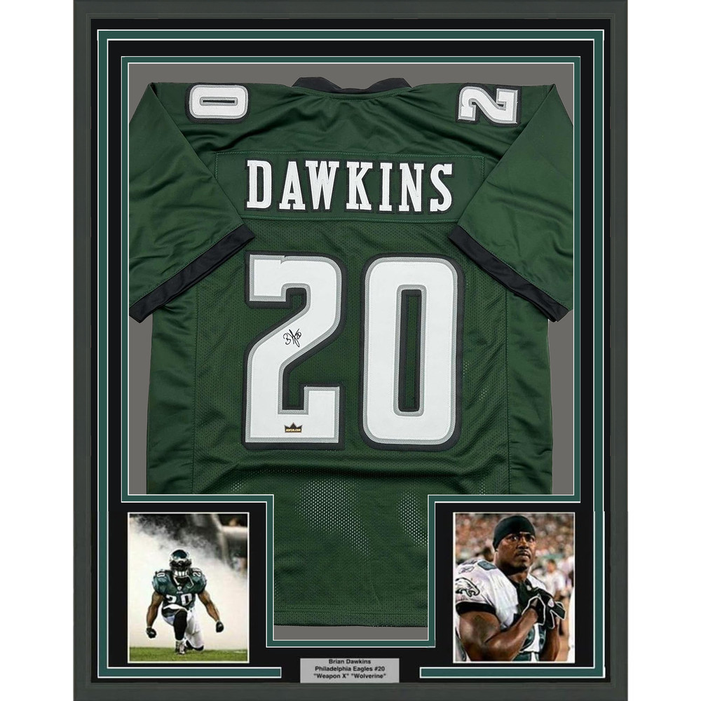 Framed Facsimile Autographed Brian Dawkins 35×39 Green Reprint Laser Auto Jersey