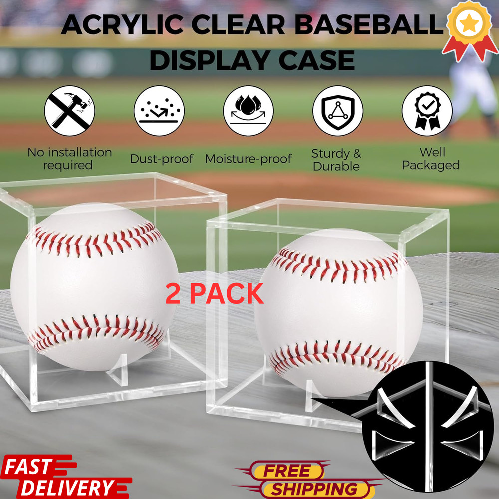 2 PACK Baseball Display Case UV Protected Acrylic Holder Cube for Official Balls