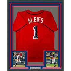 Framed Facsimile Autographed Ozzie Albies 33×42 Red Reprint Laser Auto Jersey