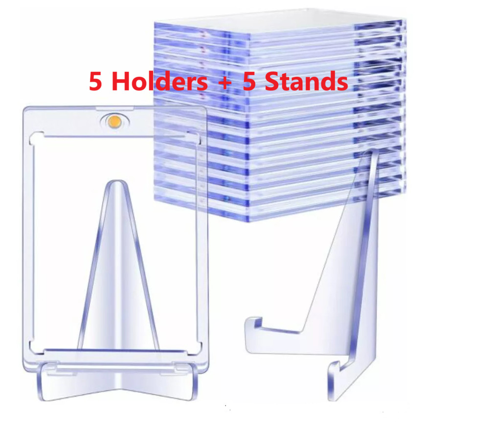 5 Pcs Magnetic One Touch 35pt Sports Card Display Holder + 5 Pcs Display Stands