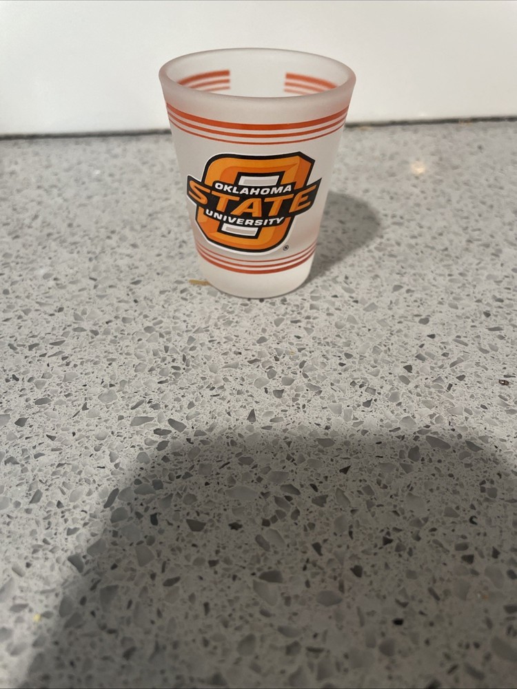 Oklahoma State University OSU Shot glass Frosted Striped Orange Clear 1oz Ncaa
