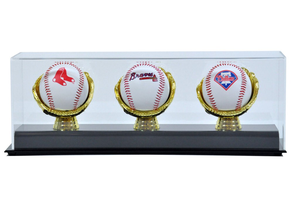 DELUXE ACRYLIC (THREE) TRIPLE BASEBALL with GOLD GLOVES DISPLAY CASE