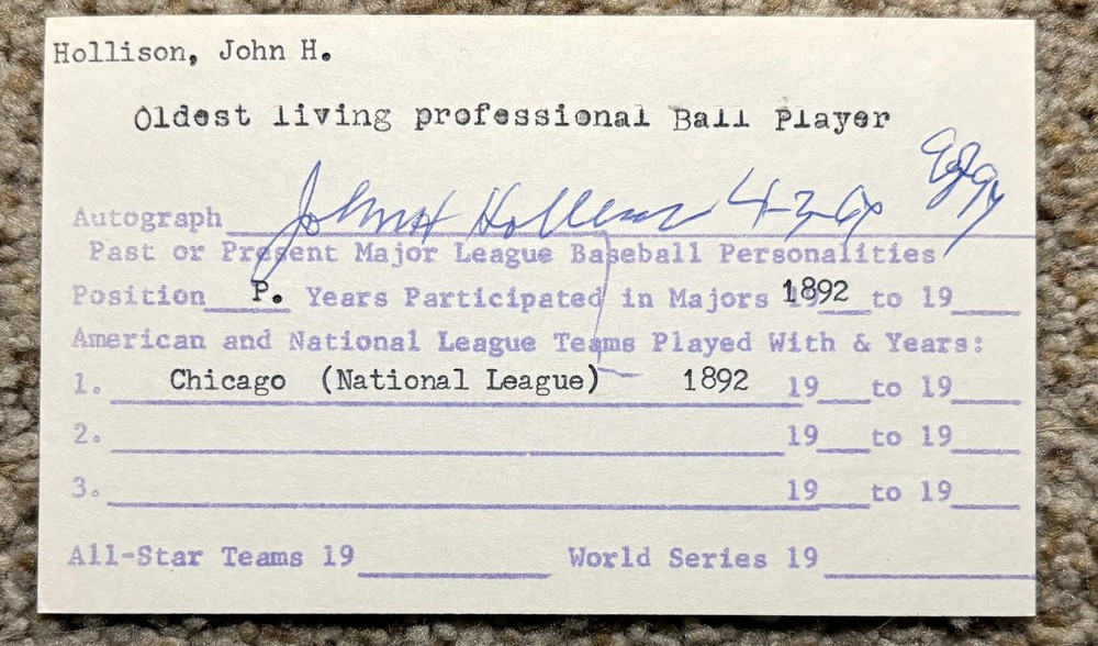 John Hollison signed card and note – 1892 Cubs –