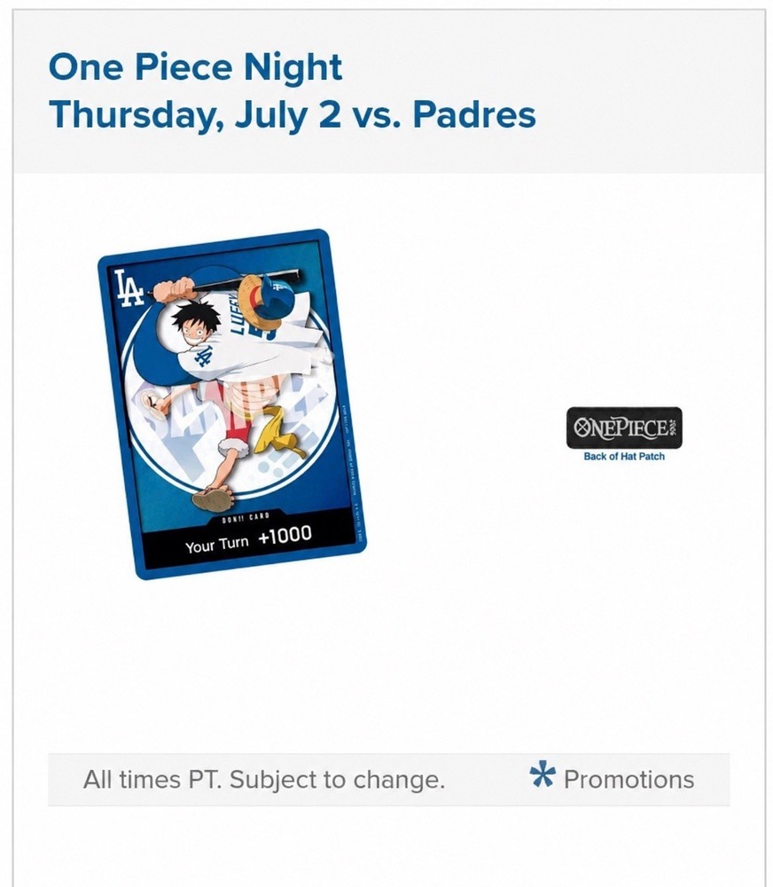 ⚾️🧢 Los Angeles Dodgers One Piece Night Promo Card ONLY 7/2/26- PRESALE ⚾️🧢
