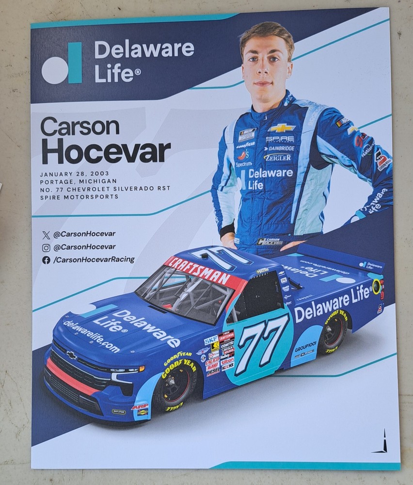 Carson Hocevar 2026 8×10 Delaware Life NASCAR Truck Series Hero Post Card