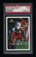 1999 Upper Deck MVP #220 Donovan McNabb Rookie Gold Script Jersey # 5/100 PSA 7