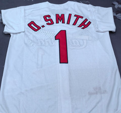 VINTAGE Ozzie Smith #1 Cardinals Throwback White Sewn Stitched Jersey.