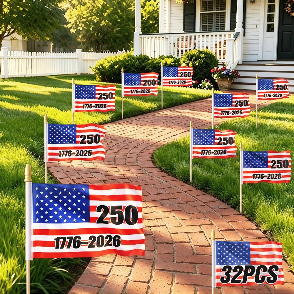 32 Pack 250th Anniversary American Flags on Stick, 4×6 inches, Multicolor
