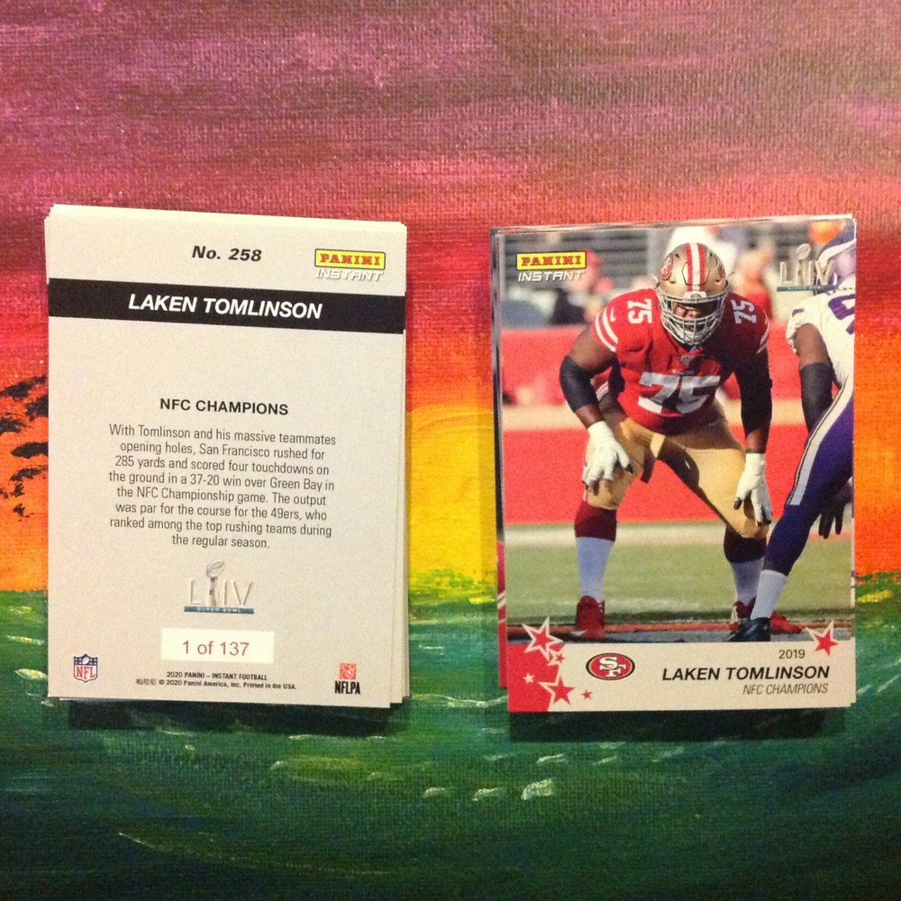 #258 Laken Tomlinson 49ers Super Bowl Logo 1 of 137 made – 2019 Panini instant