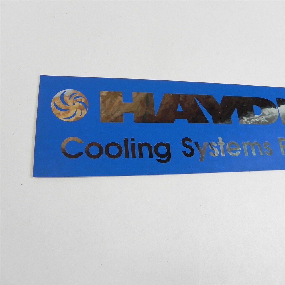 VINTAGE HAYDEN COOLING SYSTEMS BLUE AND CHROME STICKER NEW 10-1/2″ X 3″