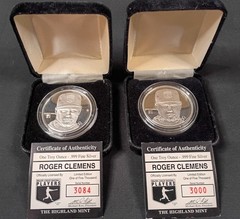 (2) ROGER CLEMENS HIGHLAND MINT .999 TWO TROY OUNCES SILVER COINS #3000 & 3084