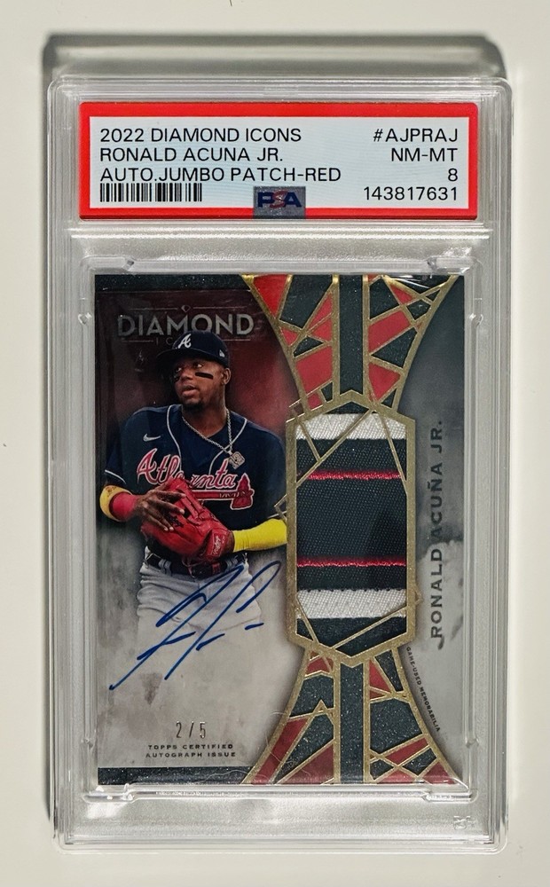 2022 RONALD ACUNA JR AUTO RED /5 TOPPS DIAMOND ICONS. 3 COLOR JERSEY PSA 8