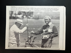 1985 Gene Sarazen & Arnold Palmer Practicing at Masters Type 3 8×11 Photo Copy